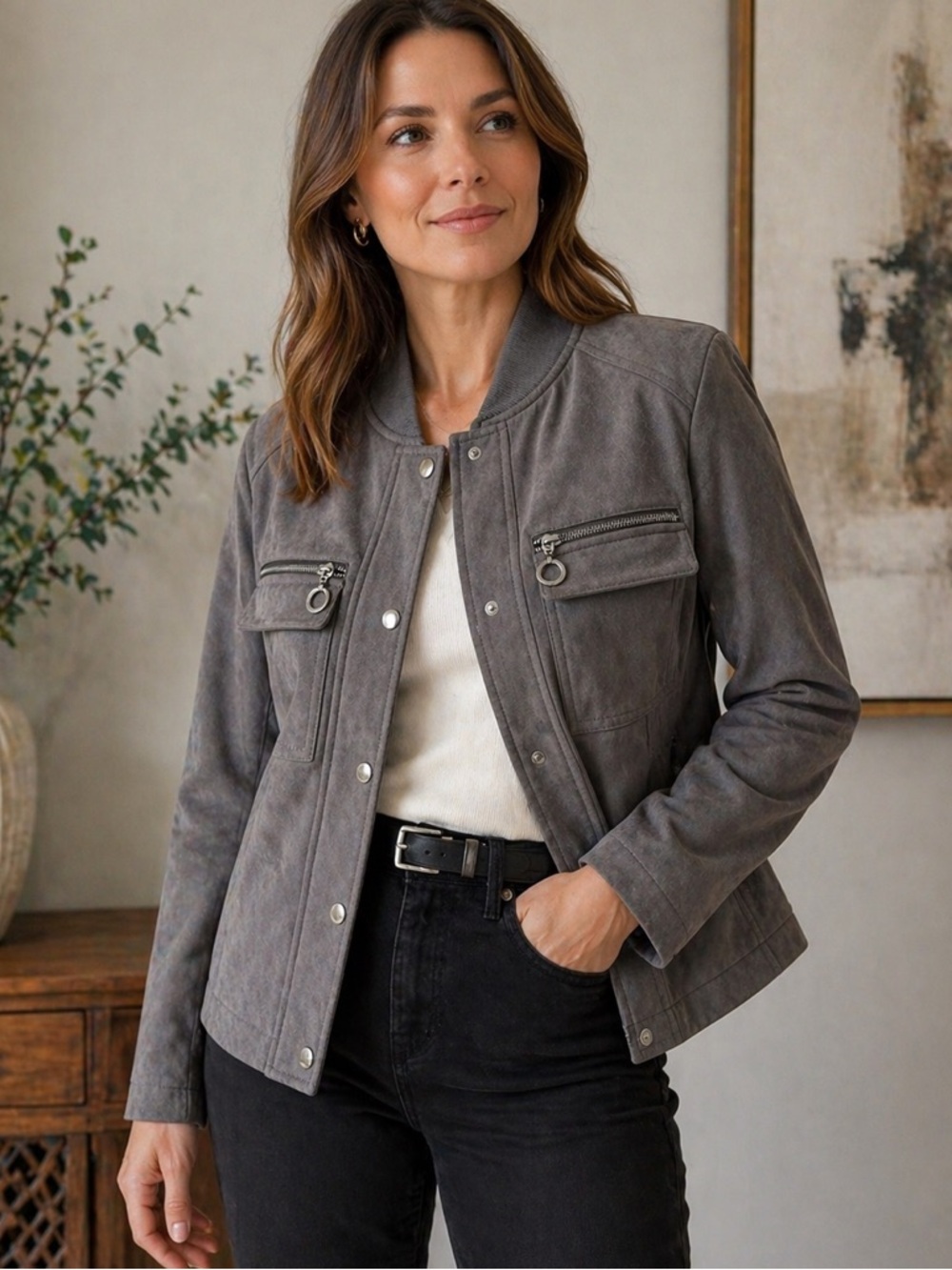 Patrizia Luca Milano Faux Suede Utility Jacket Snap Zip Pockets Neutral Sz